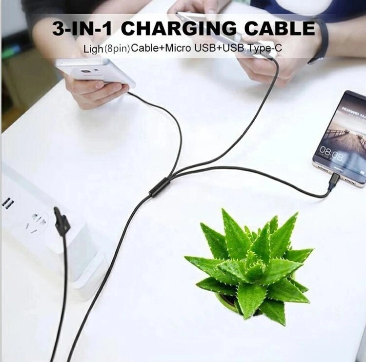 Nylon Braided 3FT 6FT 10FT 3 in 1 USB 3.0 Charger Cable Micro USB 8pin Type C Fast Charging Data Cable for Mobile Phone