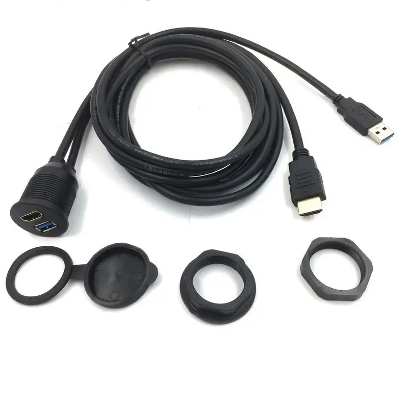 HDMI USB2.0 Car Front Panel Mount Cable Male to Female Waterproof Extension Cable